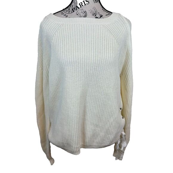 Sundance White Cable Knit Cotton Side Lace Detail Crew Neck Sweater Size Large - Picture 1 of 8